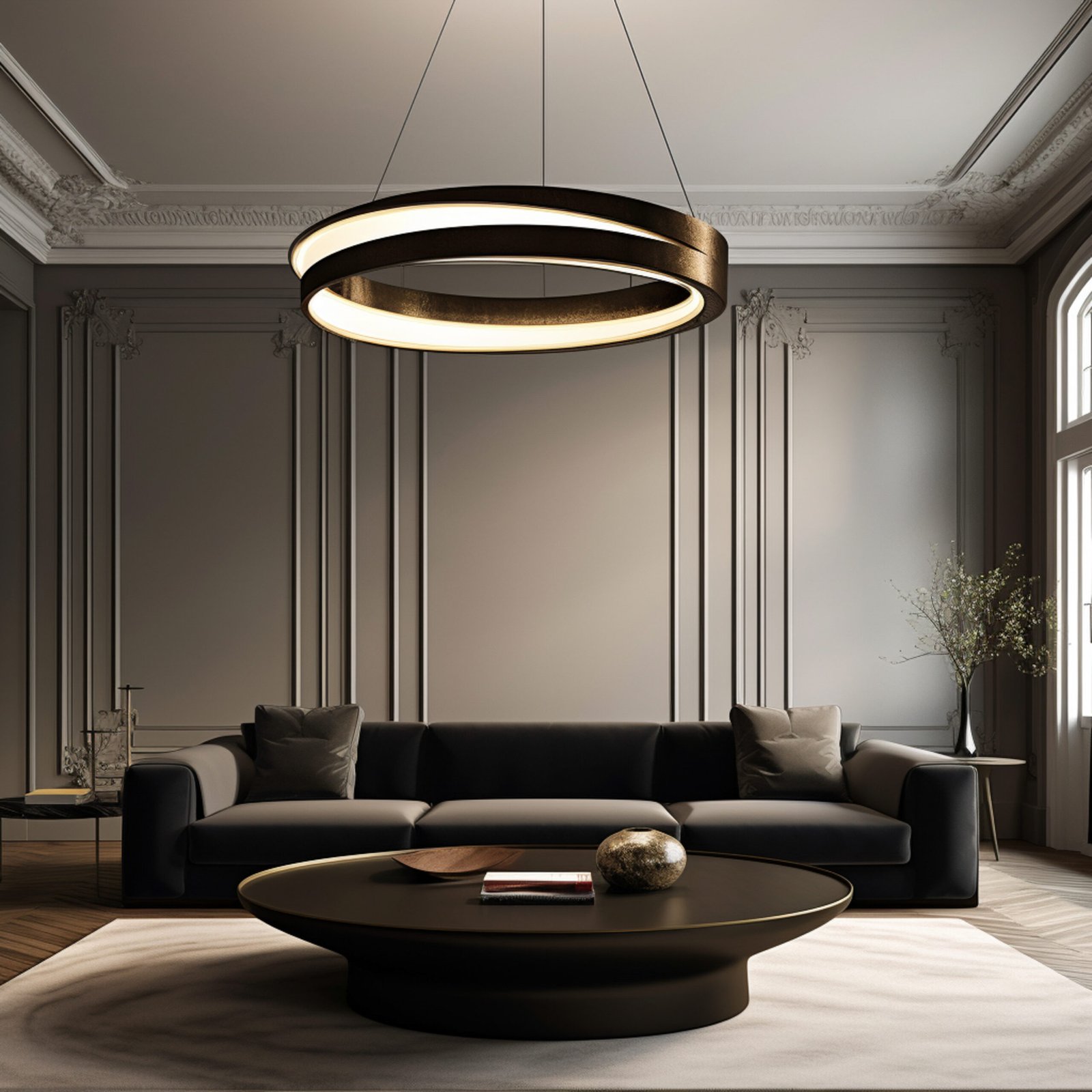 a living room with a modern lighting fixture, in the style of intricate minimalism, dark black and bronze, graceful curves, realistic portrayal of light and shadow, sustainable design, italianate flair, zen minimalism --v 5.2 Job ID: ae173b64-a97d-4d1a-86ee-1c29249db48b