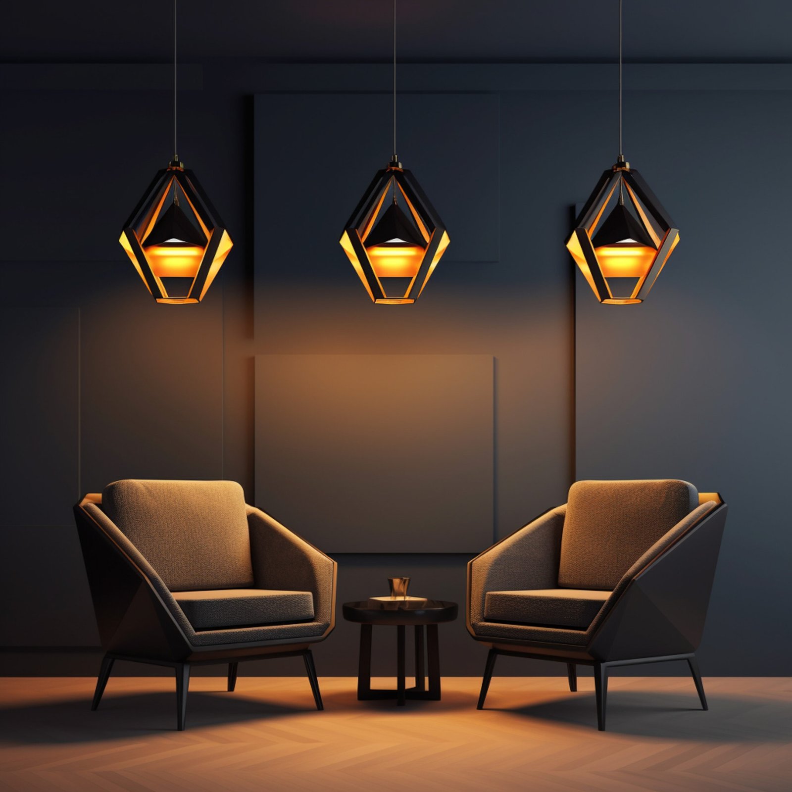 a few hanging lamps in the middle of an empty room with a chair, in the style of multifaceted geometry, sleek and stylized, subtle lighting, accurate and detailed, angular simplicity, sleek, serene mood --v 5.2 Job ID: dc475f01-d9c1-4187-aecc-142651e88d03