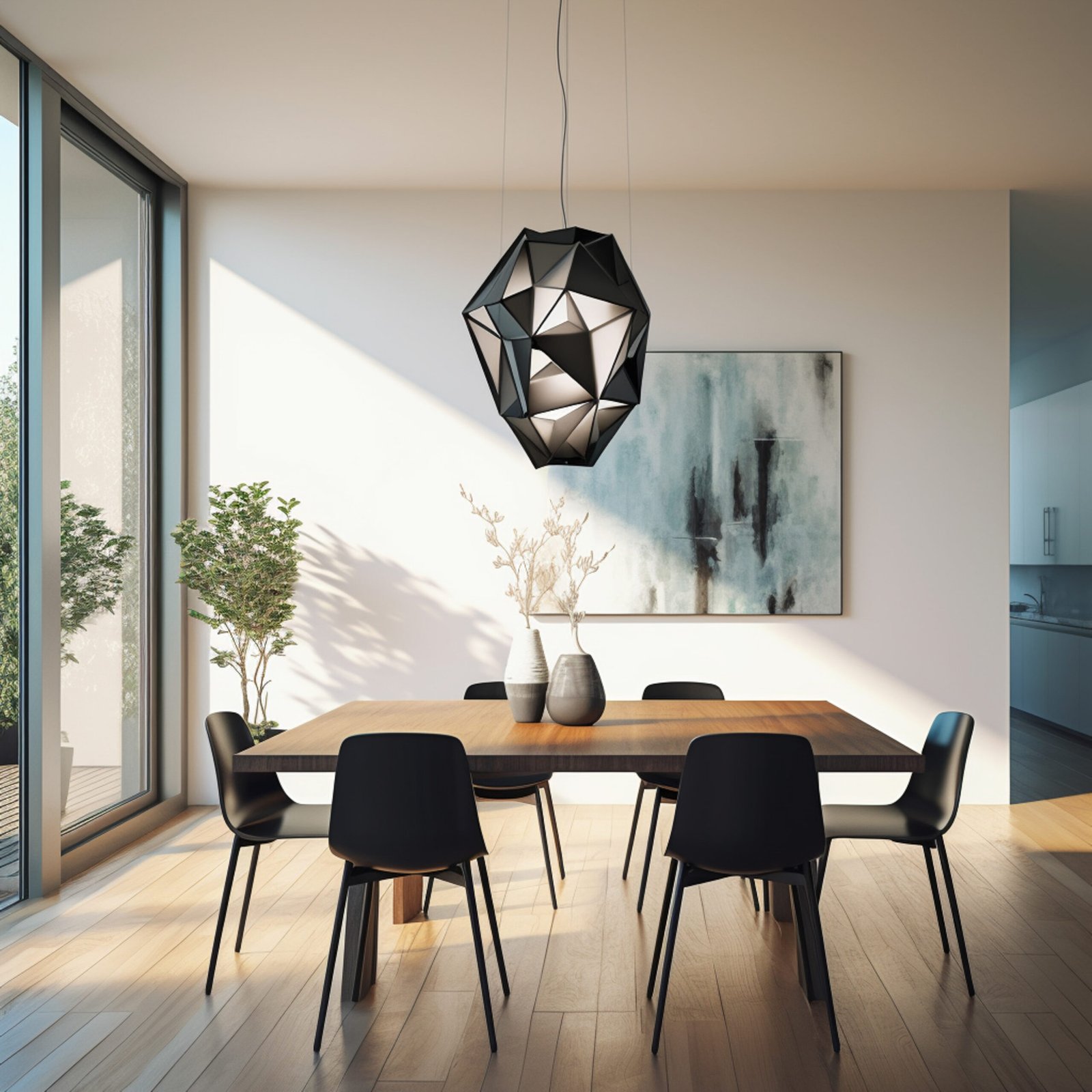 black pendant hung over table in modern dining room, in the style of low poly, aluminum, architectural illustrator, luminous sfumato, fine detailed, 20th century scandinavian style, delicate lines --v 5.2 Job ID: 3261e3d7-ad29-4f35-ace7-e8df9d51d8cf