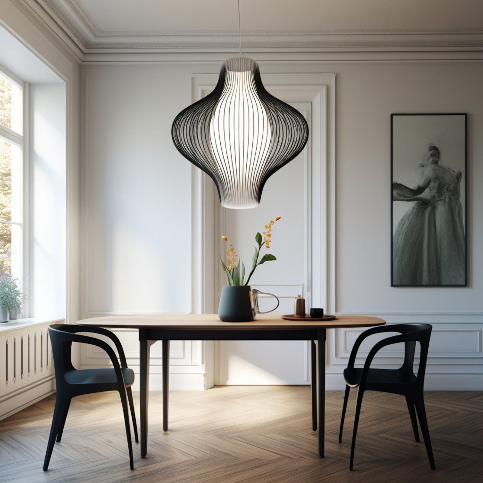 geometric pendant light, in the style of daz3d, minimalistic approach, light-filled interiors, martin rak, hector guimard, light black, aquirax uno --v 5.2 Job ID: 3bd4af95-2190-426e-b1dc-6d65b8b8502d